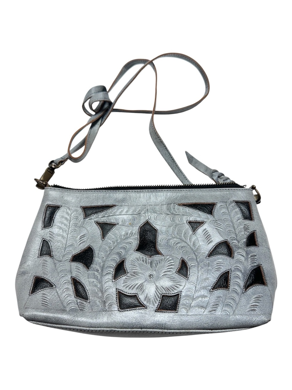 Artisan Silver Tooled Leather Cutout Crossbody Bag Boho Western Festival - Picture 2 of 13